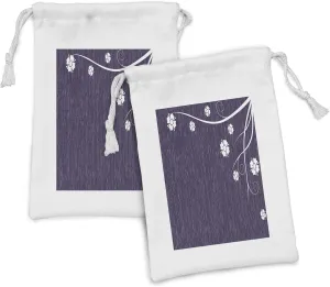 Ambesonne Dark Purple Fabric Pouch Set of 2, Violet Background with Vines and Flower Illustrations Beauty in Simplicity, Small Drawstring Bag for Toiletries Masks and Favors, 9" x 6", Quartz
