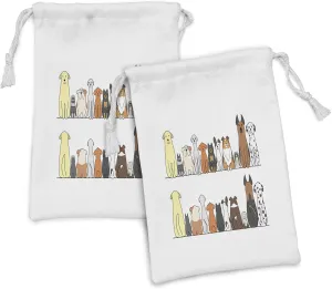 Ambesonne Dog Fabric Pouch Set of 2, Multicultural Dog Family in a Row from Back and Front Views Companionship Comic Art, Small Drawstring Bag for Toiletries Masks and Favors, 9" x 6", Yellow Brown