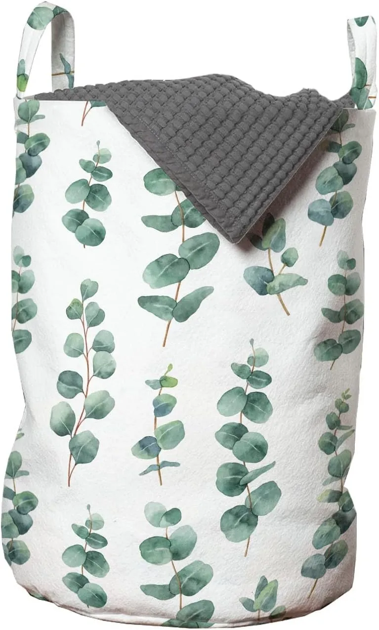Ambesonne Eucalyptus Laundry Bag Pack of 2, Watercolor Inspired Painting of Forest Leaves and Branches Garden Art, Hamper Basket with Handles Drawstring Closure, 13" x 19", Laurel Green