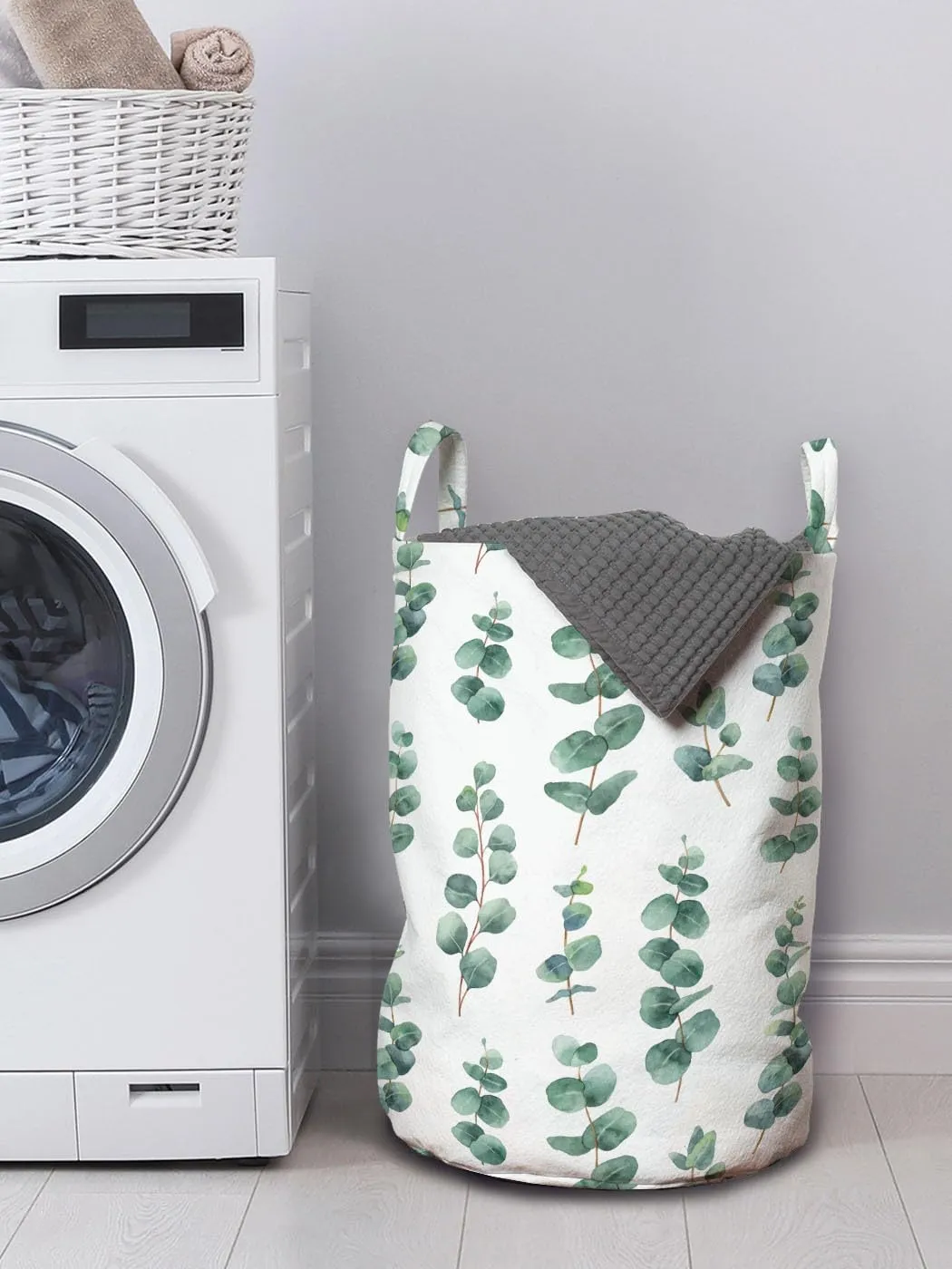 Ambesonne Eucalyptus Laundry Bag Pack of 2, Watercolor Inspired Painting of Forest Leaves and Branches Garden Art, Hamper Basket with Handles Drawstring Closure, 13" x 19", Laurel Green
