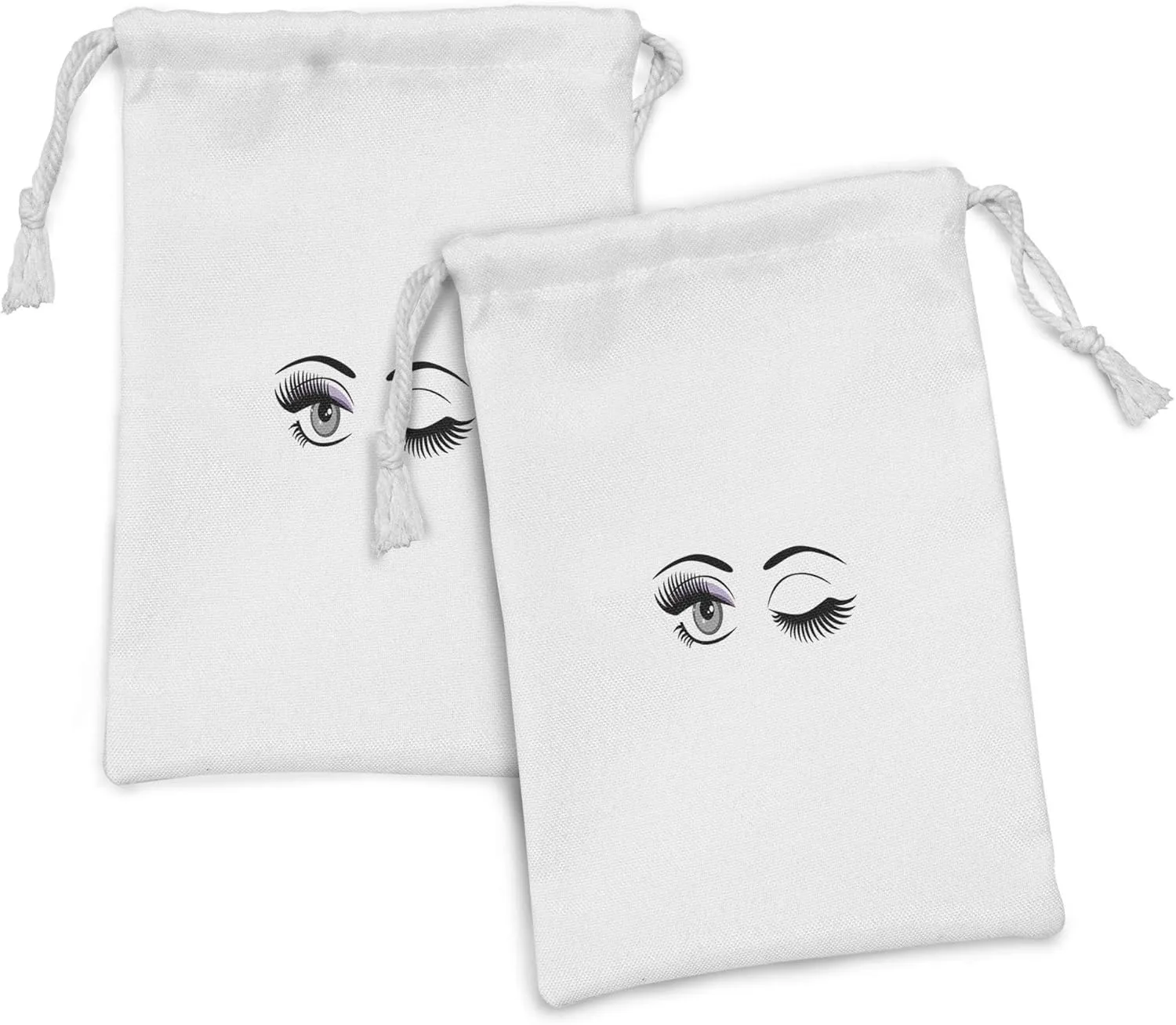 Ambesonne Eyelash Fabric Pouch Set of 2, Cartoon Style Dramatic Woman Eyes Long Lashes Winking Flirting Gesture, Small Drawstring Bag for Toiletries Masks and Favors, 9" x 6", Lilac Grey Black