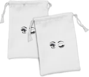Ambesonne Eyelash Fabric Pouch Set of 2, Cartoon Style Dramatic Woman Eyes Long Lashes Winking Flirting Gesture, Small Drawstring Bag for Toiletries Masks and Favors, 9" x 6", Lilac Grey Black