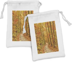 Ambesonne Fall Fabric Pouch Set of 2, Deciduous Trees Seasonal Leaves Pathway Wilderness Woodland Image, Small Drawstring Bag for Toiletries Masks and Favors, 9" x 6", Orange Pale Green Brown