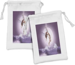 Ambesonne Fantasy Fabric Pouch Set of 2, Abstract Digital Art of a Lady on Purple Toned Waves and Moon, Small Drawstring Bag for Toiletries Masks and Favors, 9" x 6", Eggplant Quartz Pale Rust