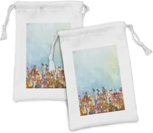 Ambesonne Flower Fabric Pouch Set of 2, Several Kind of Flower Beds in Sun Summer Season Aquarelle Technique Design Print, Small Drawstring Bag for Toiletries Masks and Favors, 9" x 6", Multicolor