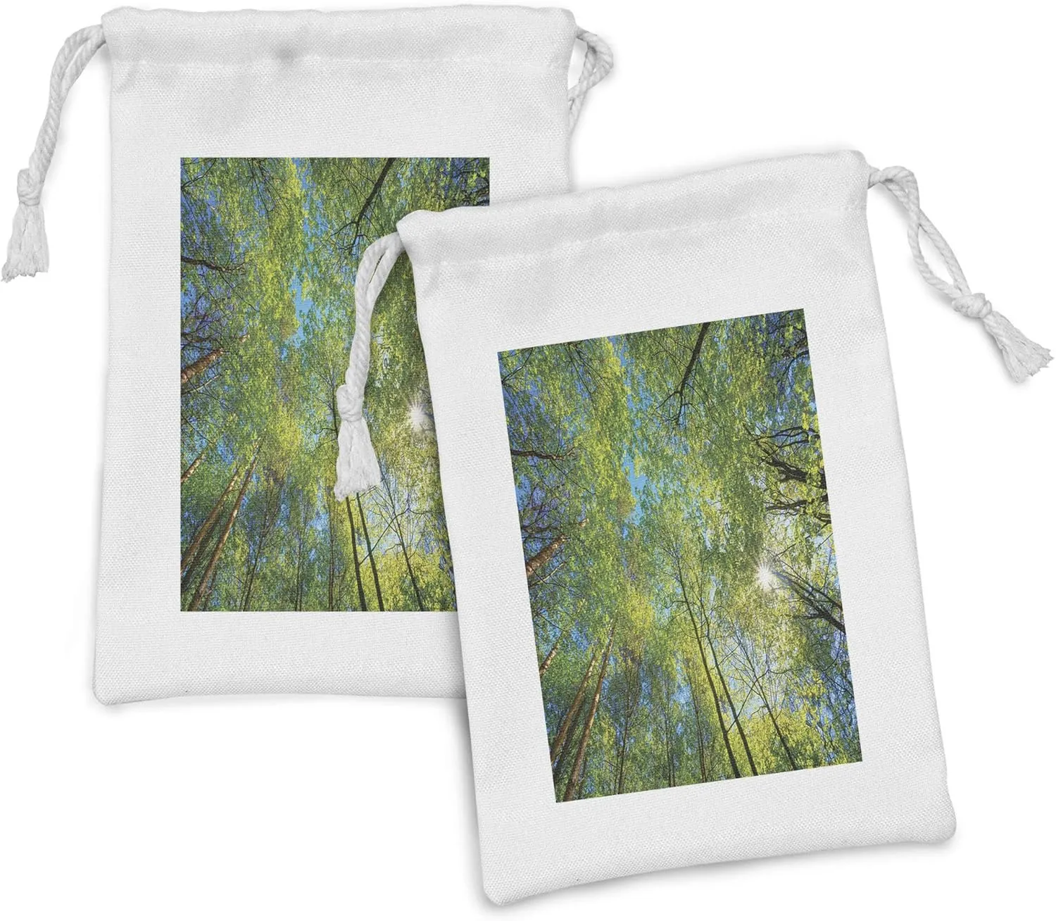 Ambesonne Forest Fabric Pouch Set of 2, Evergreen Back Nature Area Mother Earth Lime Trunk Mangrove Flora Willow Photography, Small Drawstring Bag for Toiletries Masks and Favors, 9" x 6", Green