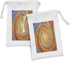 Ambesonne Fractal Fabric Pouch Set of 2, Hippie Style Vortex Spiral Rotary Colorful Chaotic Unusual Turning Contrast Design, Small Drawstring Bag for Toiletries Masks and Favors, 9" x 6", Orange Blue