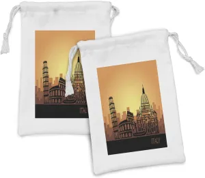 Ambesonne Italy Fabric Pouch Set of 2, Italian Monumental Silhouettes, Small Drawstring Bag for Toiletries Masks and Favors, 9" x 6", Charcoal Grey Orange