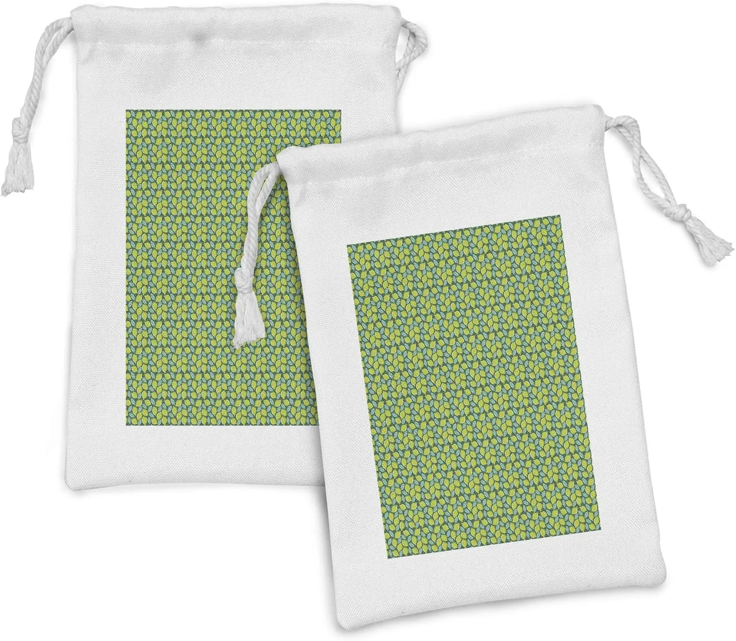 Ambesonne Lemons Fabric Pouch Set of 2, Fresh Summer Art Design Lime and Pepper Mint and Polka Dots Repetition, Small Drawstring Bag for Toiletries Masks and Favors, 9" x 6", Apple Green and Seafoam