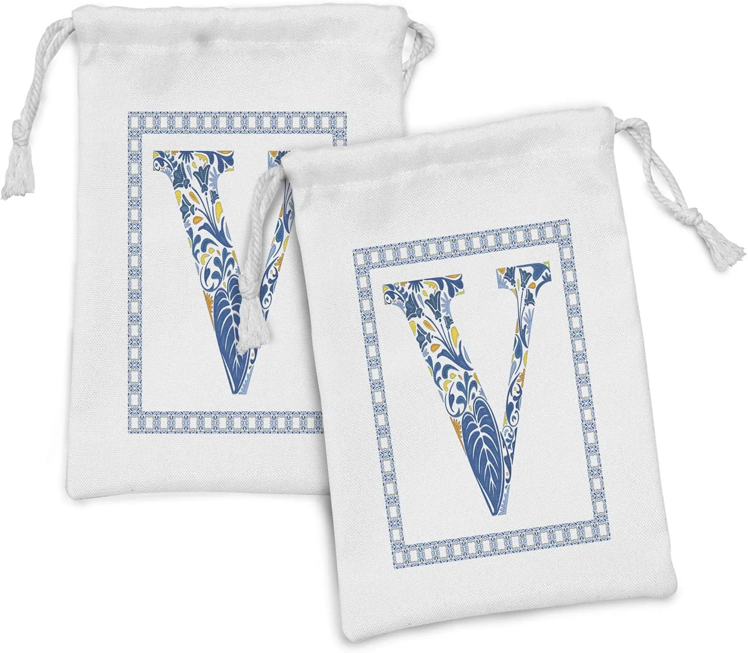 Ambesonne Letter V Fabric Pouch Set of 2, Traditional Portuguese Inspired Framework and Lettering Design Capital V, Small Drawstring Bag for Toiletries Masks and Favors, 9" x 6", Blue Yellow Orange