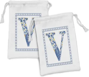Ambesonne Letter V Fabric Pouch Set of 2, Traditional Portuguese Inspired Framework and Lettering Design Capital V, Small Drawstring Bag for Toiletries Masks and Favors, 9" x 6", Blue Yellow Orange