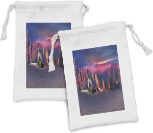 Ambesonne Milky Way Fabric Pouch Set of 2, Wild Alpine Scene with Cabin in the Woods Winter with Starry Skyline Illustration, Small Drawstring Bag for Toiletries Masks and Favors, 9" x 6", Multicolor