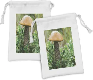 Ambesonne Mushroom Fabric Pouch Set of 2, Close up Image of Plantation on Grass Edible, Small Drawstring Bag for Toiletries Masks and Favors, 9" x 6", Sand Brown Dark Sepia