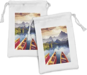 Ambesonne Nature Fabric Pouch Set of 2, Dreamy Majestic Mountains View Reflections from Shore with Boats Pastoral Landscape, Small Drawstring Bag for Toiletries Masks and Favors, 9" x 6", Multicolor