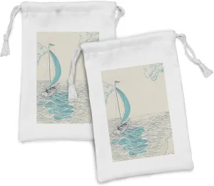 Ambesonne Nautical Fabric Pouch Set of 2, Sailing Boat Reflection Cloudy Sky Sandy Seaside Shoreline Hobby Water Sports, Small Drawstring Bag for Toiletries Masks and Favors, 9" x 6", Aqua Beige