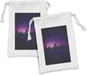 Ambesonne Night Fabric Pouch Set of 2, City Skyline Silhouette Skyscrapers Abstract Graphic Architecture Urban Life, Small Drawstring Bag for Toiletries Masks and Favors, 9" x 6", Indigo Pale Pink