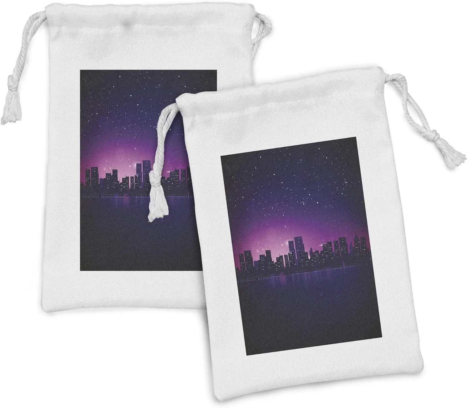 Ambesonne Night Fabric Pouch Set of 2, City Skyline Silhouette Skyscrapers Abstract Graphic Architecture Urban Life, Small Drawstring Bag for Toiletries Masks and Favors, 9" x 6", Indigo Pale Pink
