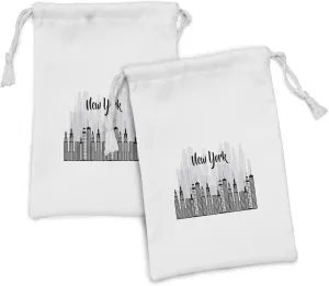 Ambesonne NYC Scene Fabric Pouch Set of 2, Modern Design of New York Calligraphy with City Skyscrapers, Small Drawstring Bag for Toiletries Masks and Favors, 9" x 6", Charcoal Grey White