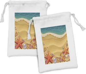 Ambesonne Seashells Fabric Pouch Set of 2, Seashells on the Beach Style Coastal Fun Relaxation Waves Shoreline, Small Drawstring Bag for Toiletries Masks and Favors, 9" x 6", Sand Brown Orange Teal