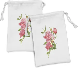 Ambesonne Watercolor Fabric Pouch Set of 2, Pink Peonies with Strong Green Leaves Ecology Flourish Nature Inspired Bouquet, Small Drawstring Bag for Toiletries Masks and Favors, 9" x 6", Pink Green