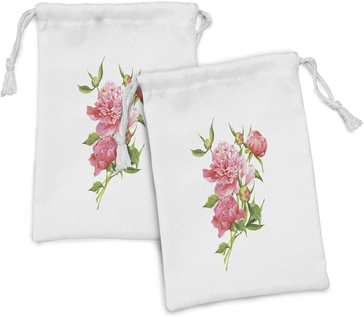 Ambesonne Watercolor Fabric Pouch Set of 2, Pink Peonies with Strong Green Leaves Ecology Flourish Nature Inspired Bouquet, Small Drawstring Bag for Toiletries Masks and Favors, 9" x 6", Pink Green