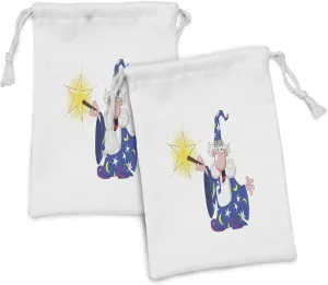 Ambesonne Wizard Fabric Pouch Set of 2, Medieval Mage with a Crazy Face Expression Creating a Powerful Spell Clipart, Small Drawstring Bag for Toiletries Masks and Favors, 9" x 6", Multicolor