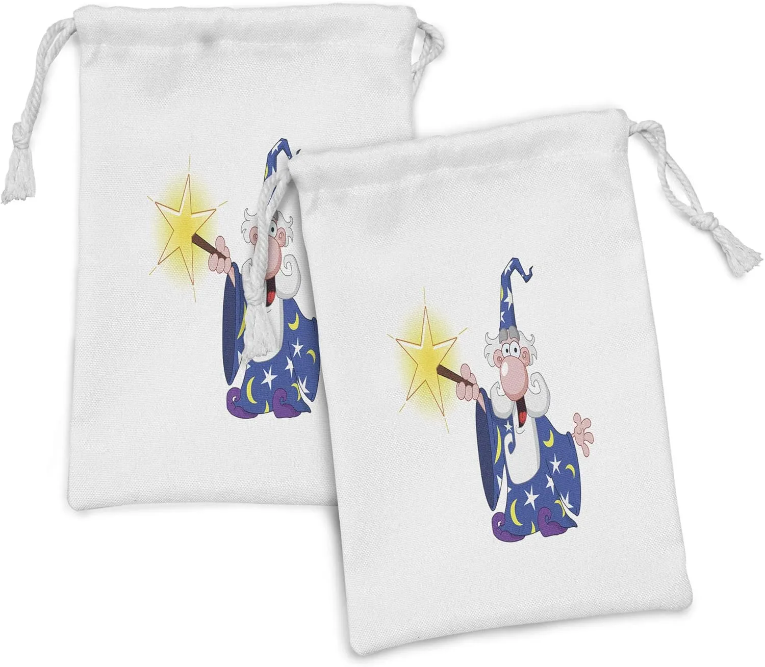 Ambesonne Wizard Fabric Pouch Set of 2, Medieval Mage with a Crazy Face Expression Creating a Powerful Spell Clipart, Small Drawstring Bag for Toiletries Masks and Favors, 9" x 6", Multicolor