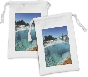 Ambesonne Yellowstone Fabric Pouch Set of 2, Hot Clear Spring and Evergreen Forest in Yellowstone Snowy Wintertime View, Small Drawstring Bag for Toiletries Masks and Favors, 9" x 6", Turquoise Blue