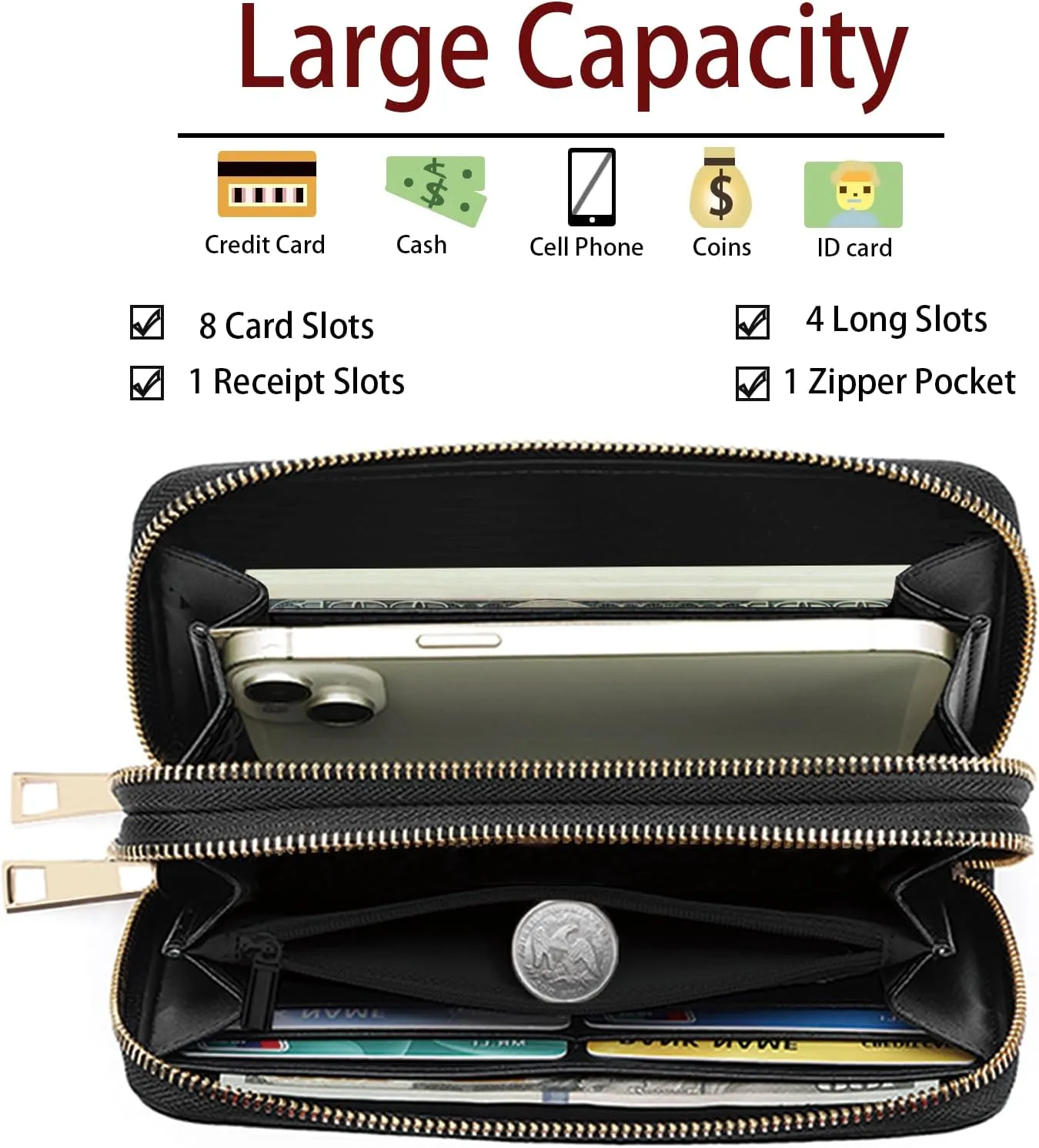 American Flag and Gun Print Wallet for Women Large Capacity Wallet Credit Card Holder PU Leather Double Zipper Clutch Purse Phone Wallet