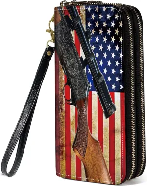 American Flag and Gun Print Wallet for Women Large Capacity Wallet Credit Card Holder PU Leather Double Zipper Clutch Purse Phone Wallet