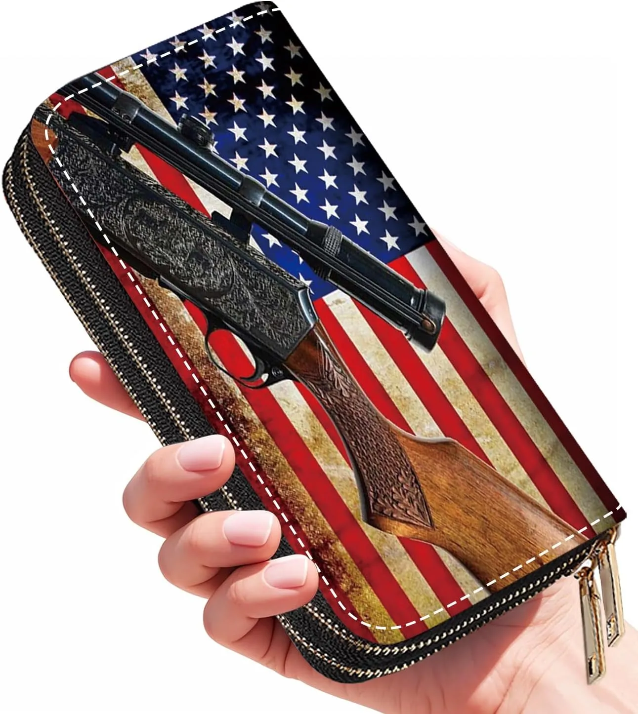 American Flag and Gun Print Wallet for Women Large Capacity Wallet Credit Card Holder PU Leather Double Zipper Clutch Purse Phone Wallet