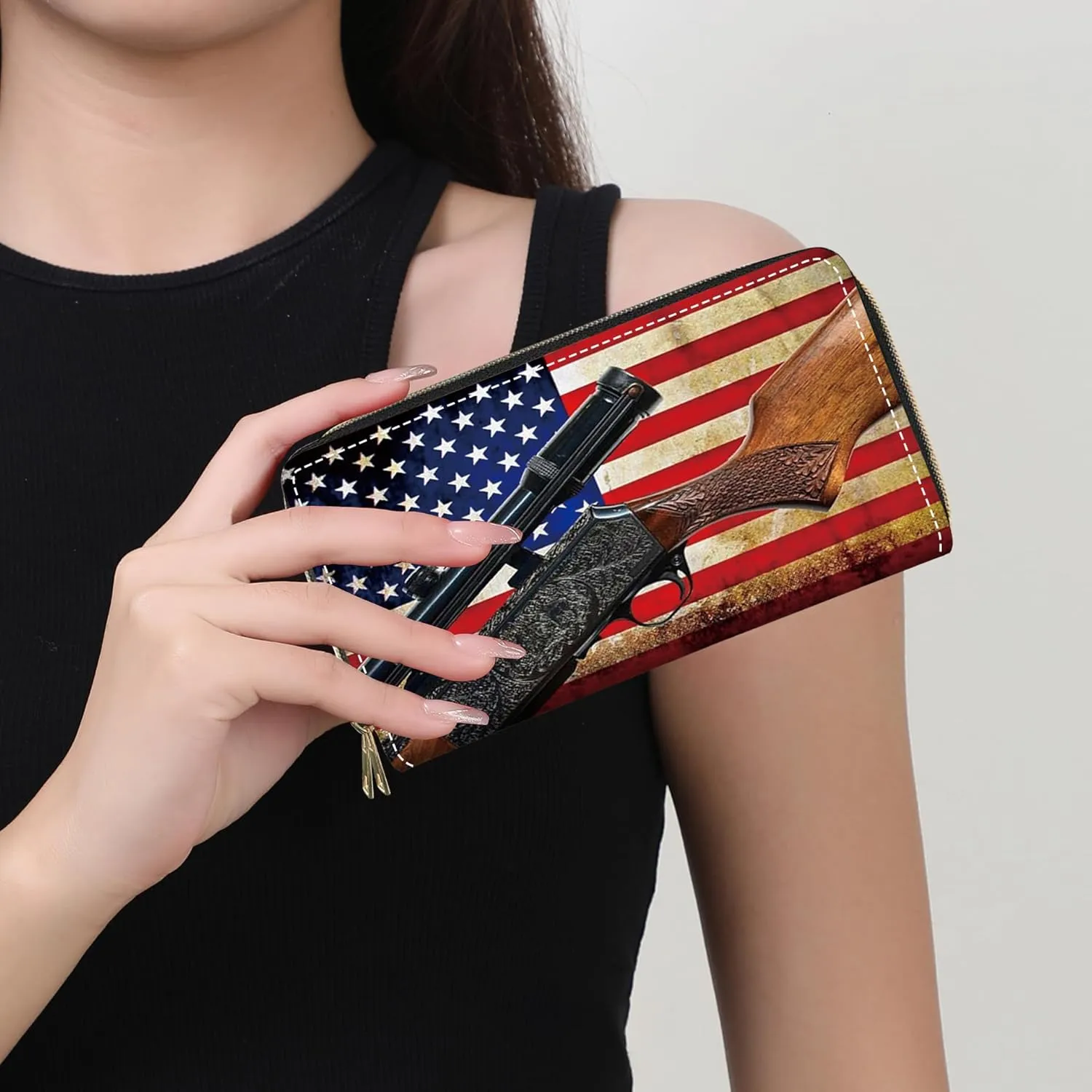 American Flag and Gun Print Wallet for Women Large Capacity Wallet Credit Card Holder PU Leather Double Zipper Clutch Purse Phone Wallet