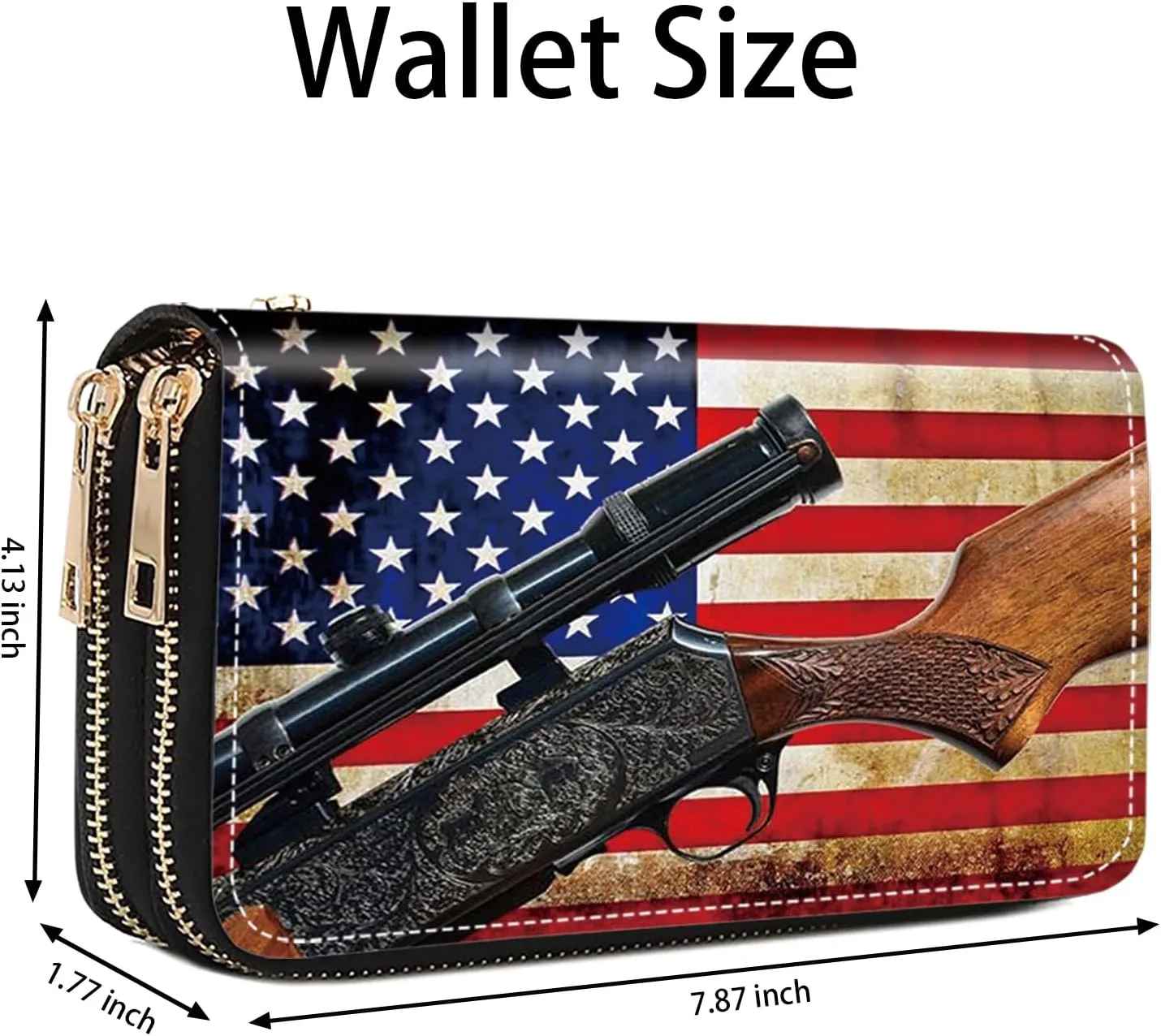 American Flag and Gun Print Wallet for Women Large Capacity Wallet Credit Card Holder PU Leather Double Zipper Clutch Purse Phone Wallet
