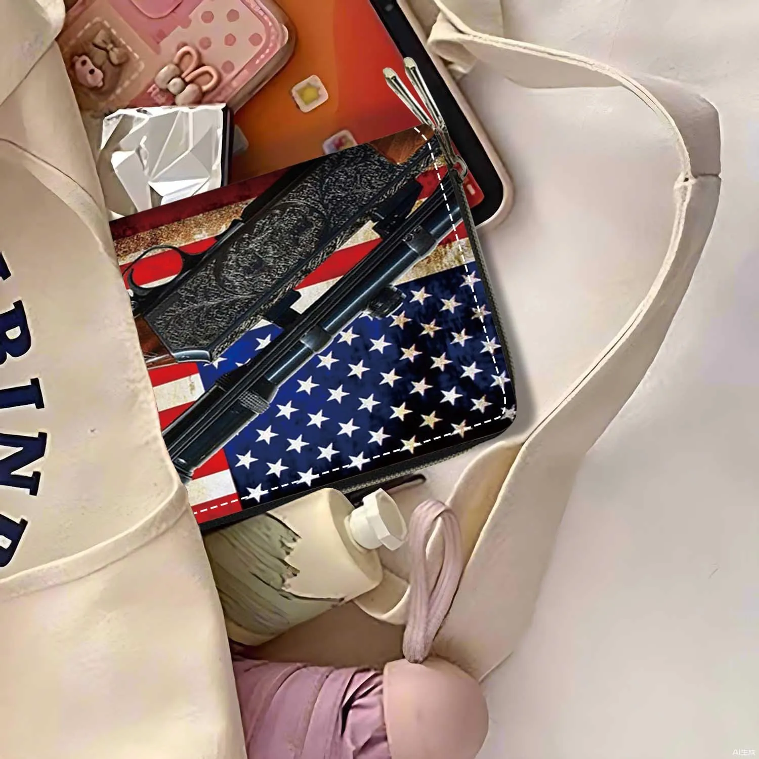 American Flag and Gun Print Wallet for Women Large Capacity Wallet Credit Card Holder PU Leather Double Zipper Clutch Purse Phone Wallet