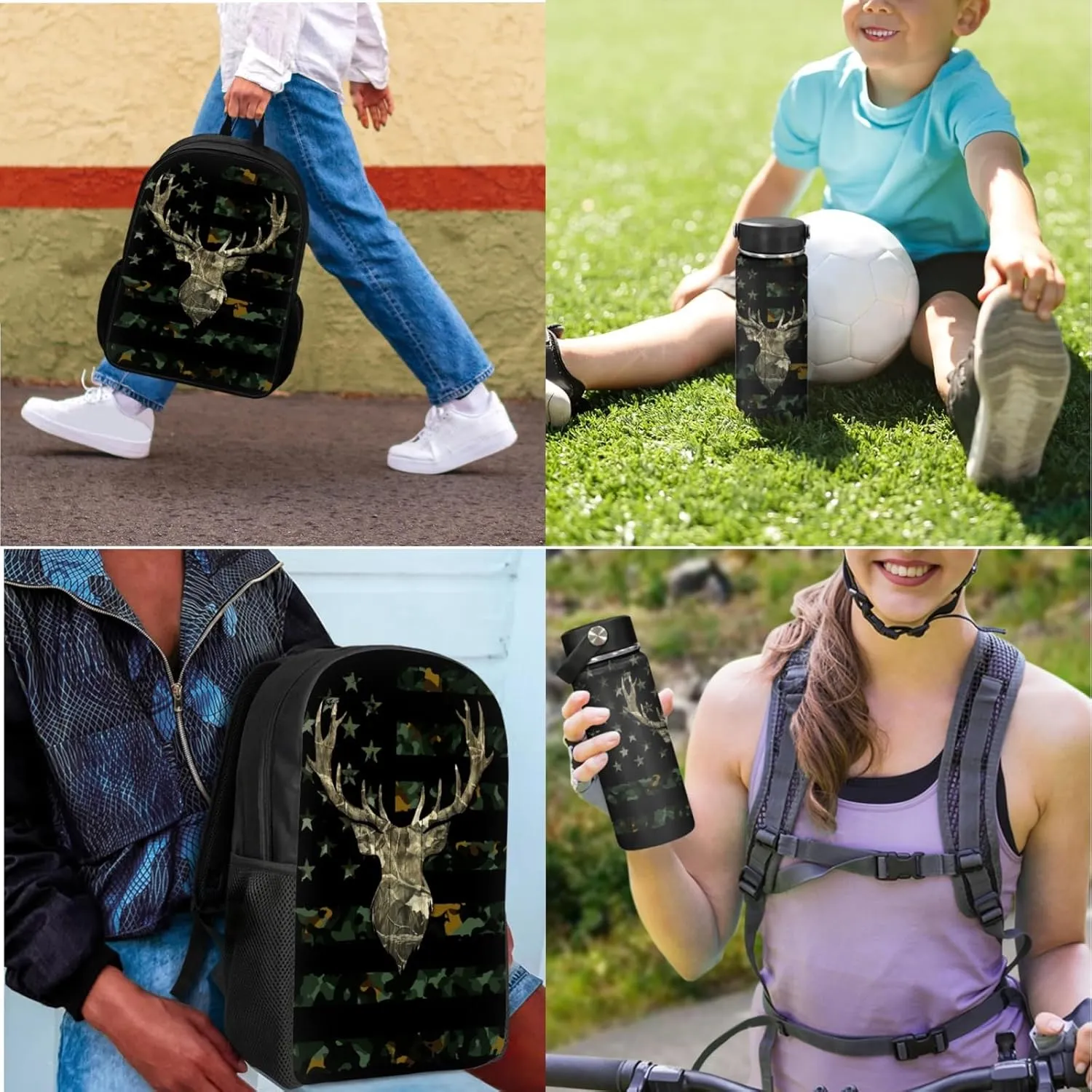 American Flag Kids Backpack 3 in 1 Set for Boys Forest Camo School Bag,Deer Bookbag for 3-12T Children Patriotic Daypack with Lunch Box Water Bottle for Child