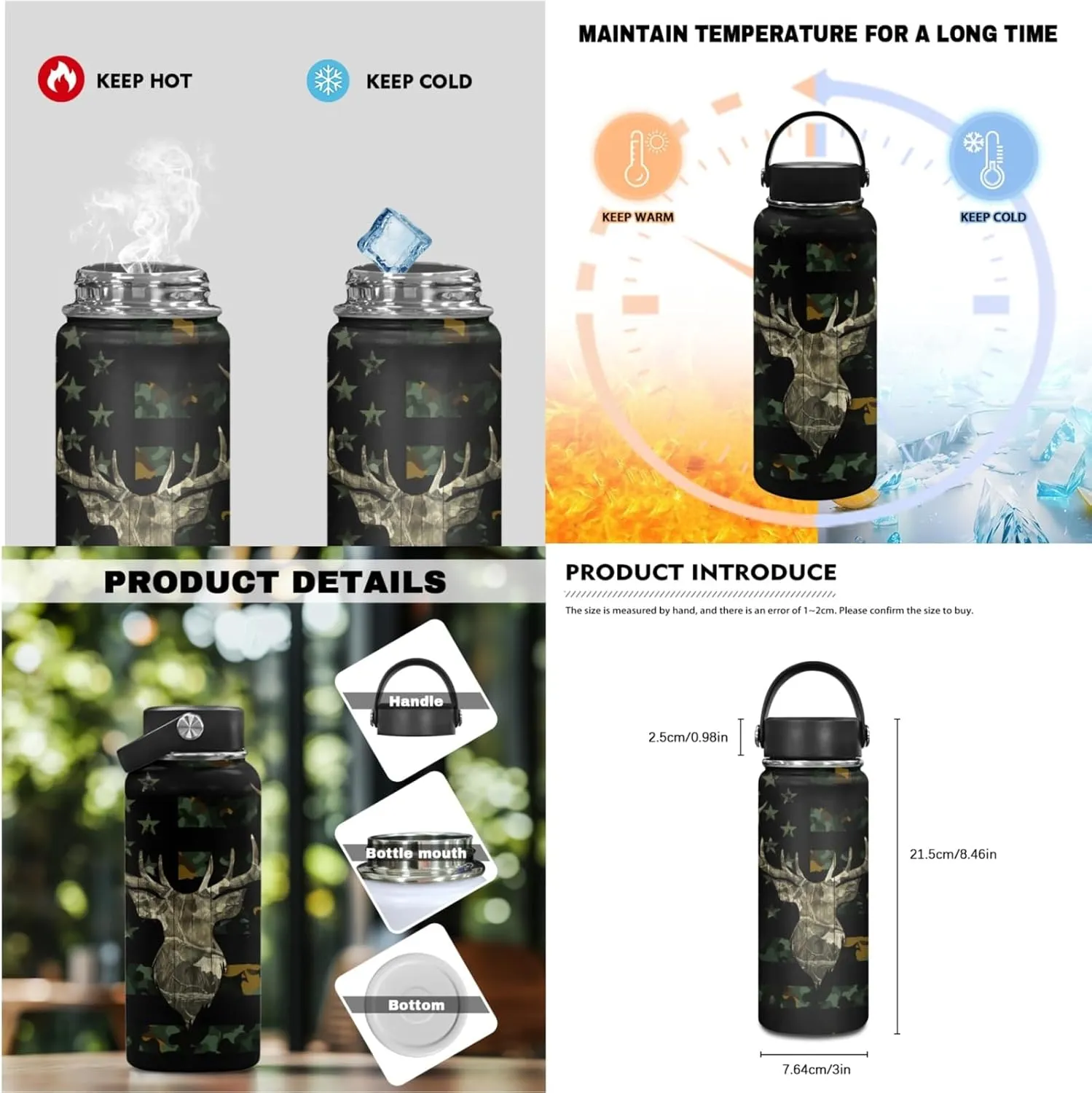 American Flag Kids Backpack 3 in 1 Set for Boys Forest Camo School Bag,Deer Bookbag for 3-12T Children Patriotic Daypack with Lunch Box Water Bottle for Child