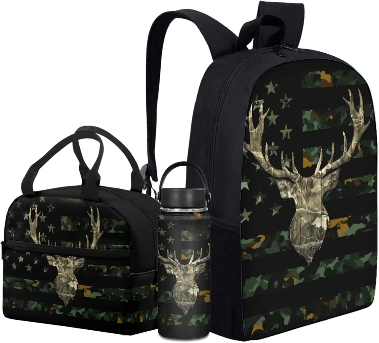 American Flag Kids Backpack 3 in 1 Set for Boys Forest Camo School Bag,Deer Bookbag for 3-12T Children Patriotic Daypack with Lunch Box Water Bottle for Child