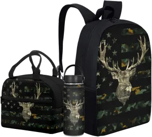 American Flag Kids Backpack 3 in 1 Set for Boys Forest Camo School Bag,Deer Bookbag for 3-12T Children Patriotic Daypack with Lunch Box Water Bottle for Child