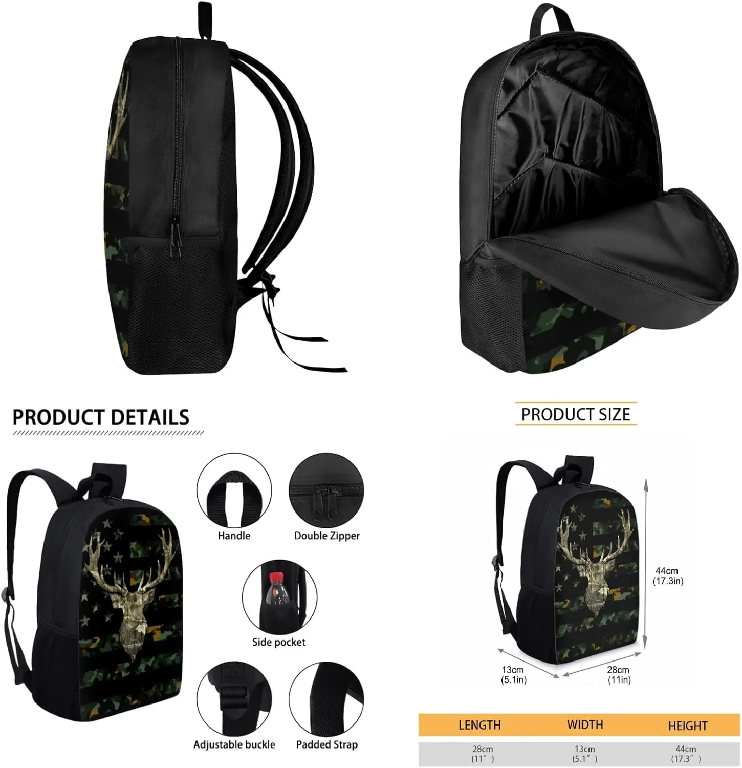 American Flag Kids Backpack 3 in 1 Set for Boys Forest Camo School Bag,Deer Bookbag for 3-12T Children Patriotic Daypack with Lunch Box Water Bottle for Child