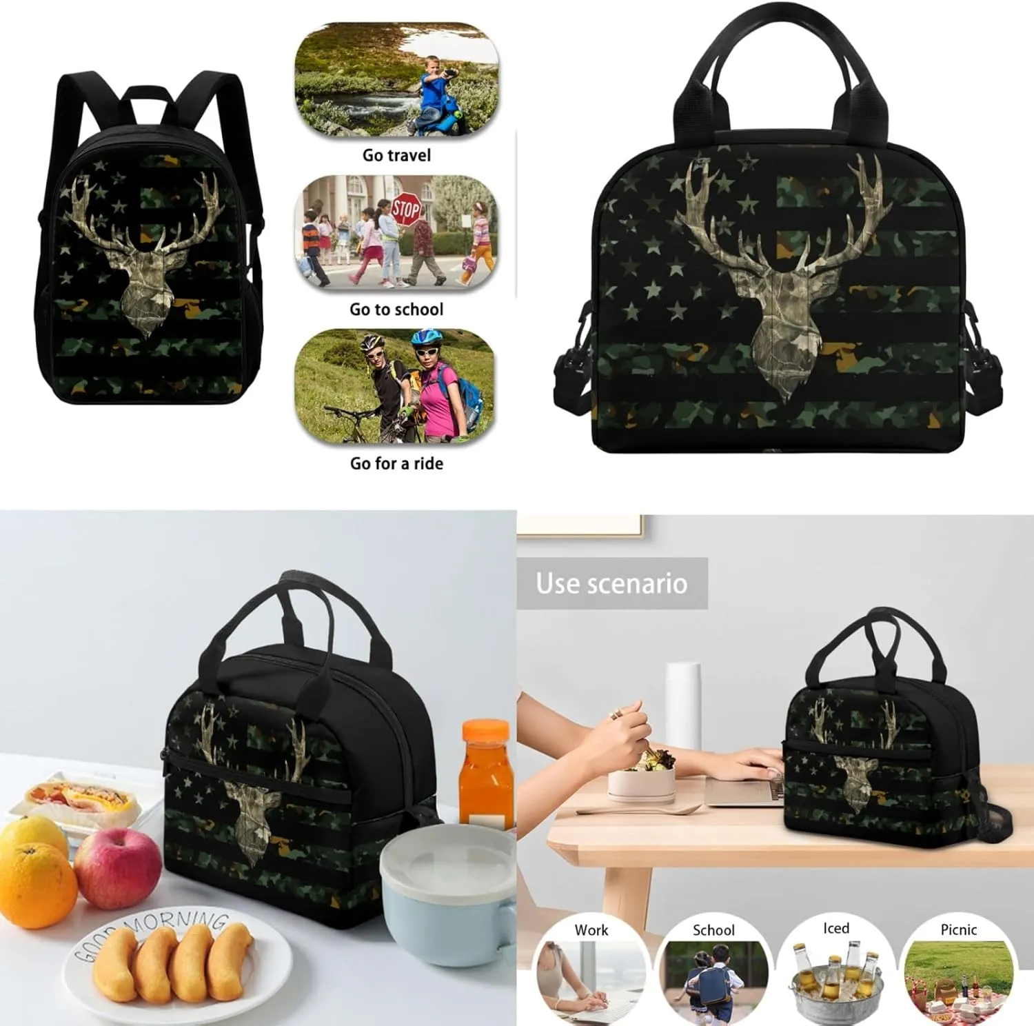 American Flag Kids Backpack 3 in 1 Set for Boys Forest Camo School Bag,Deer Bookbag for 3-12T Children Patriotic Daypack with Lunch Box Water Bottle for Child