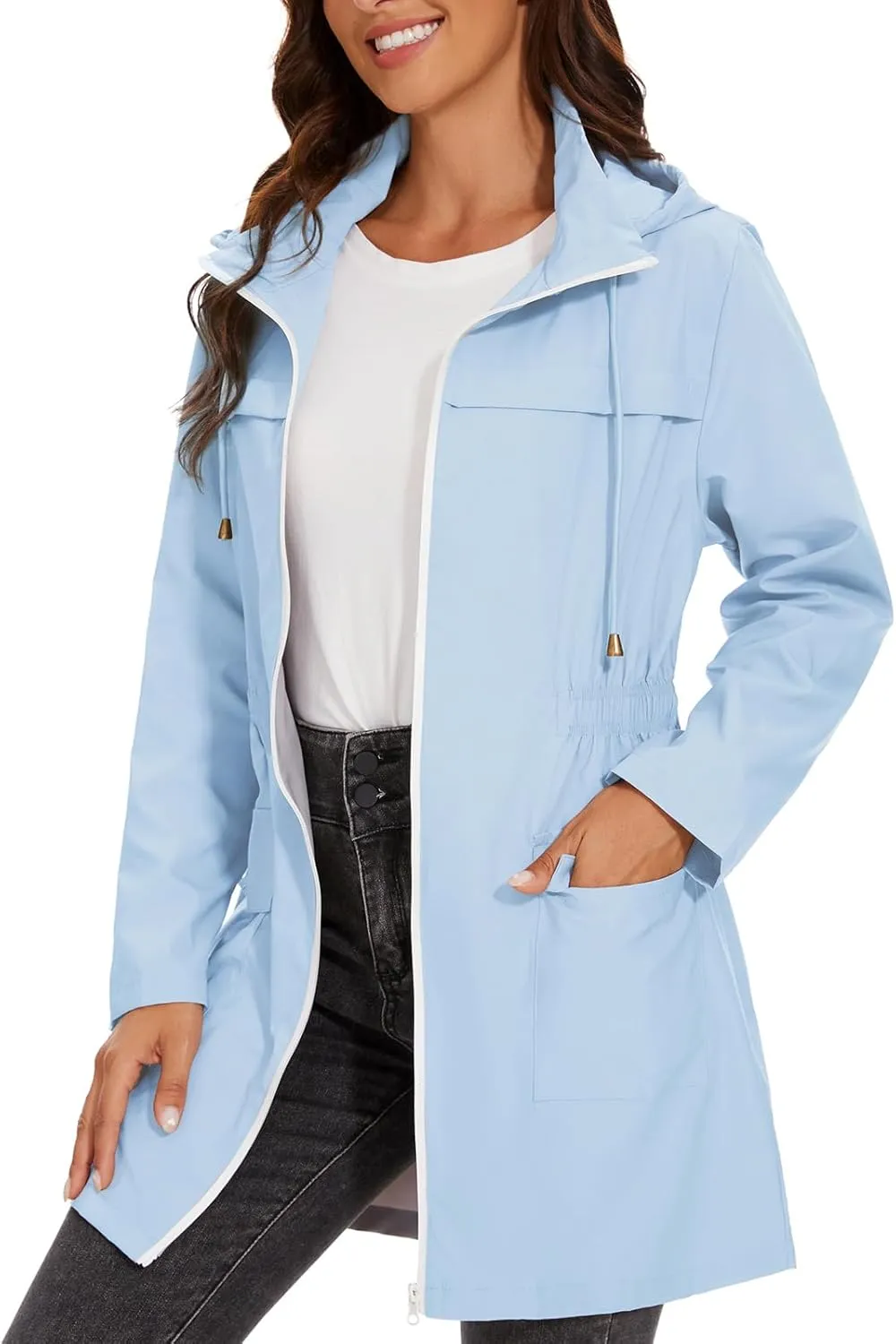 American Trends Rain Jacket Women Waterproof with Hood Windbreaker Jacket Travel Rain Coat Packable Lightweight Long Raincoat