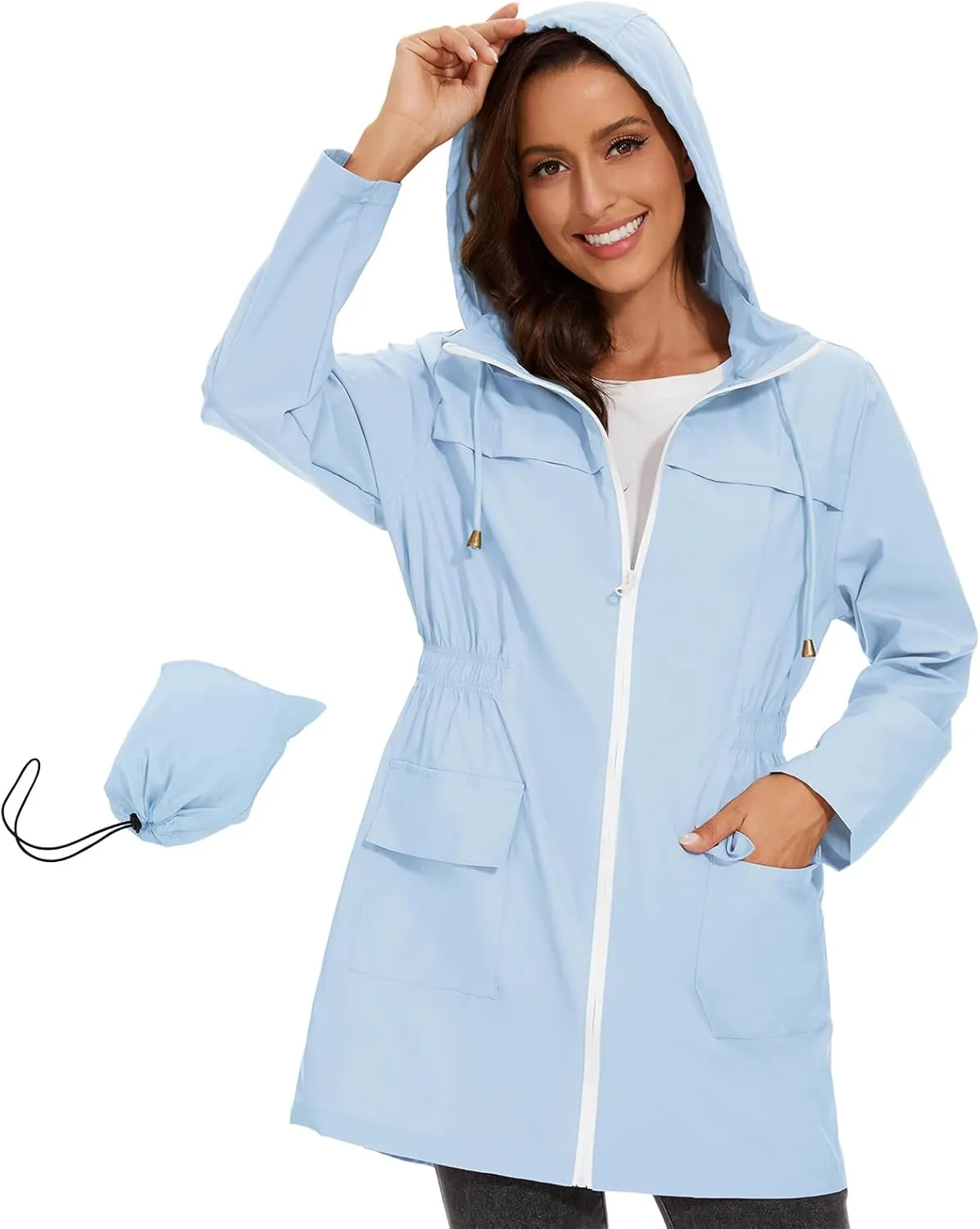 American Trends Rain Jacket Women Waterproof with Hood Windbreaker Jacket Travel Rain Coat Packable Lightweight Long Raincoat
