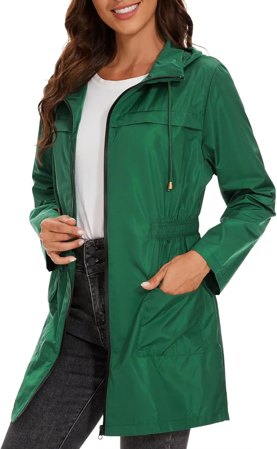 American Trends Rain Jacket Women Waterproof with Hood Windbreaker Jacket Travel Rain Coat Packable Lightweight Long Raincoat