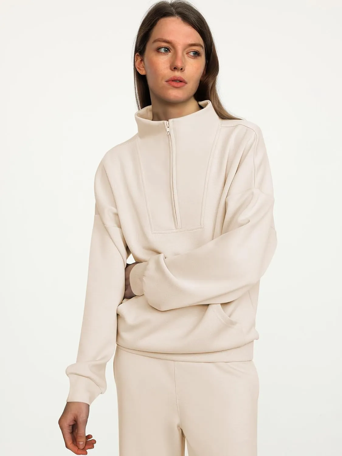 ANRABESS Women 2 Piece Outfits Sweatsuit Quarter Zip Sweatshirt Wide Leg Sweatpants Matching Lounge Set Travel Tracksuit