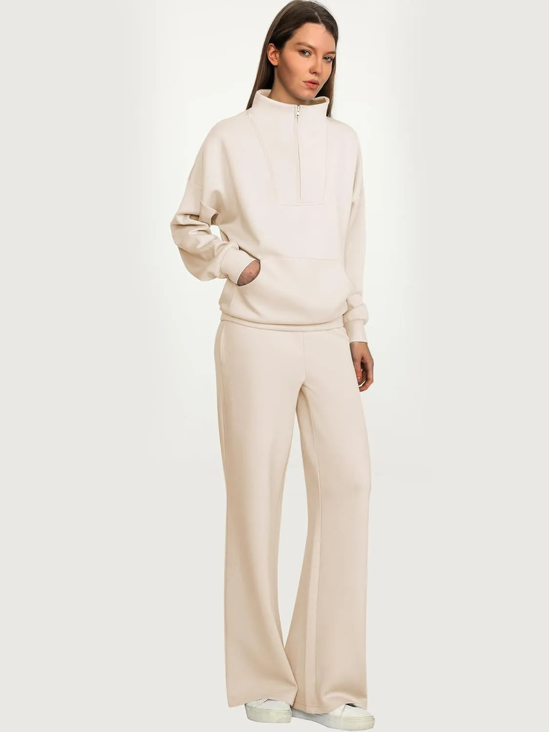 ANRABESS Women 2 Piece Outfits Sweatsuit Quarter Zip Sweatshirt Wide Leg Sweatpants Matching Lounge Set Travel Tracksuit