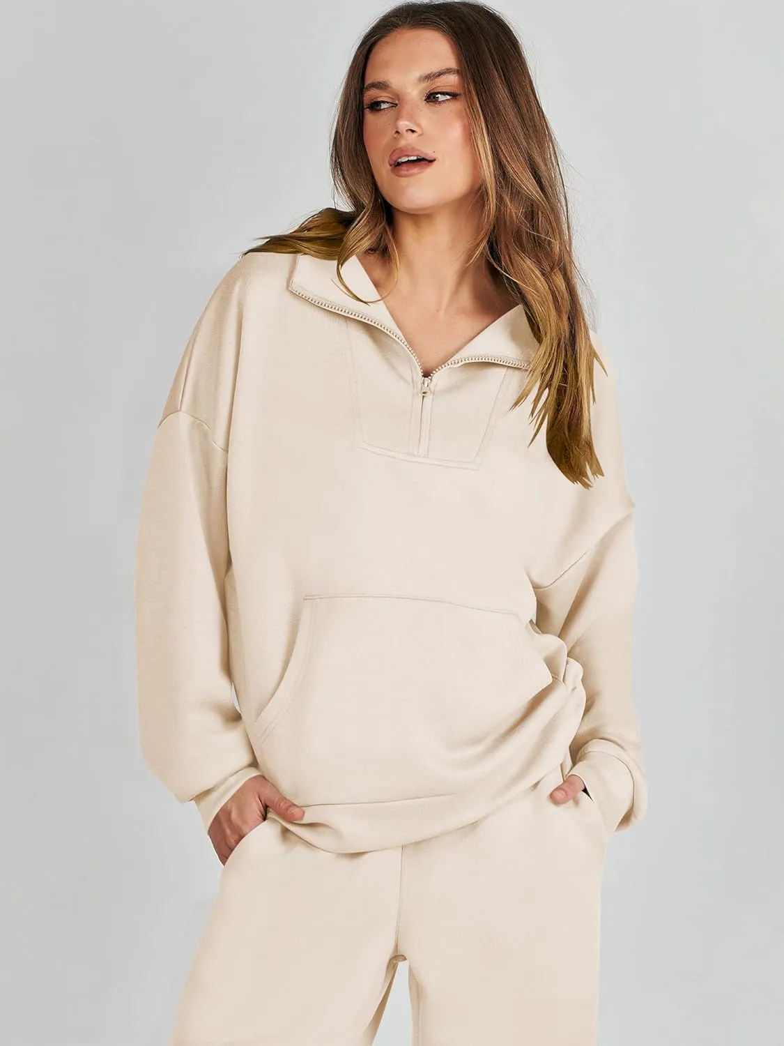 ANRABESS Women 2 Piece Outfits Sweatsuit Quarter Zip Sweatshirt Wide Leg Sweatpants Matching Lounge Set Travel Tracksuit