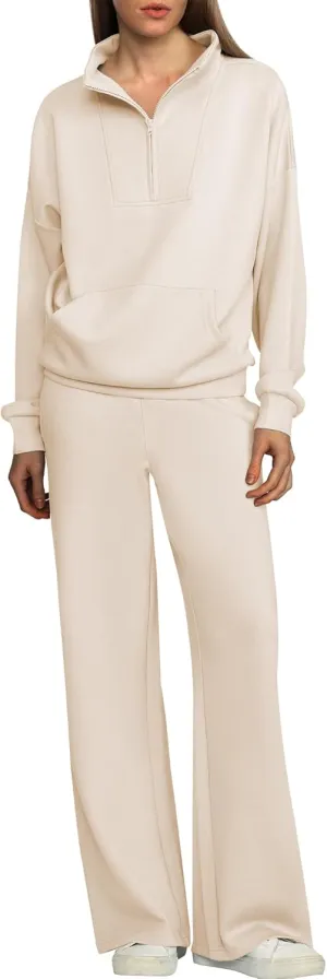 ANRABESS Women 2 Piece Outfits Sweatsuit Quarter Zip Sweatshirt Wide Leg Sweatpants Matching Lounge Set Travel Tracksuit