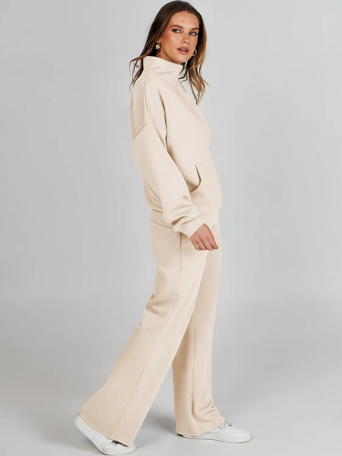 ANRABESS Women 2 Piece Outfits Sweatsuit Quarter Zip Sweatshirt Wide Leg Sweatpants Matching Lounge Set Travel Tracksuit