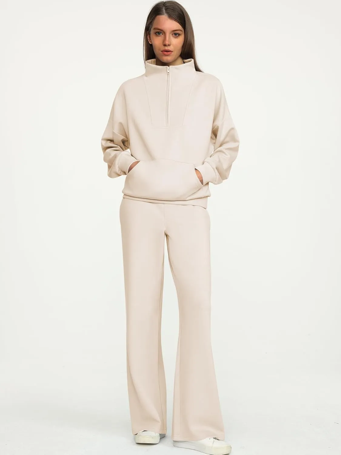 ANRABESS Women 2 Piece Outfits Sweatsuit Quarter Zip Sweatshirt Wide Leg Sweatpants Matching Lounge Set Travel Tracksuit