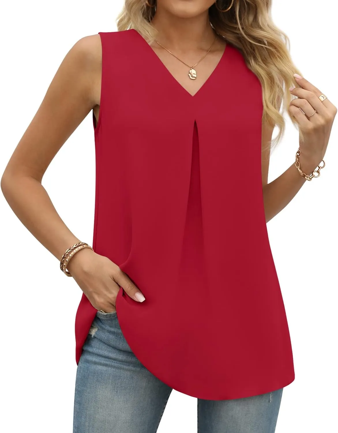 Anyally Women's Summer Sleeveless Chiffon Tunic Tank Tops Dressy Casual Blouse Loose V Neck Work Shirts
